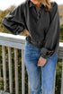 Lantern Sleeve Snap Button Placket Washed Pullover Casual Round Neck Sweatshirt